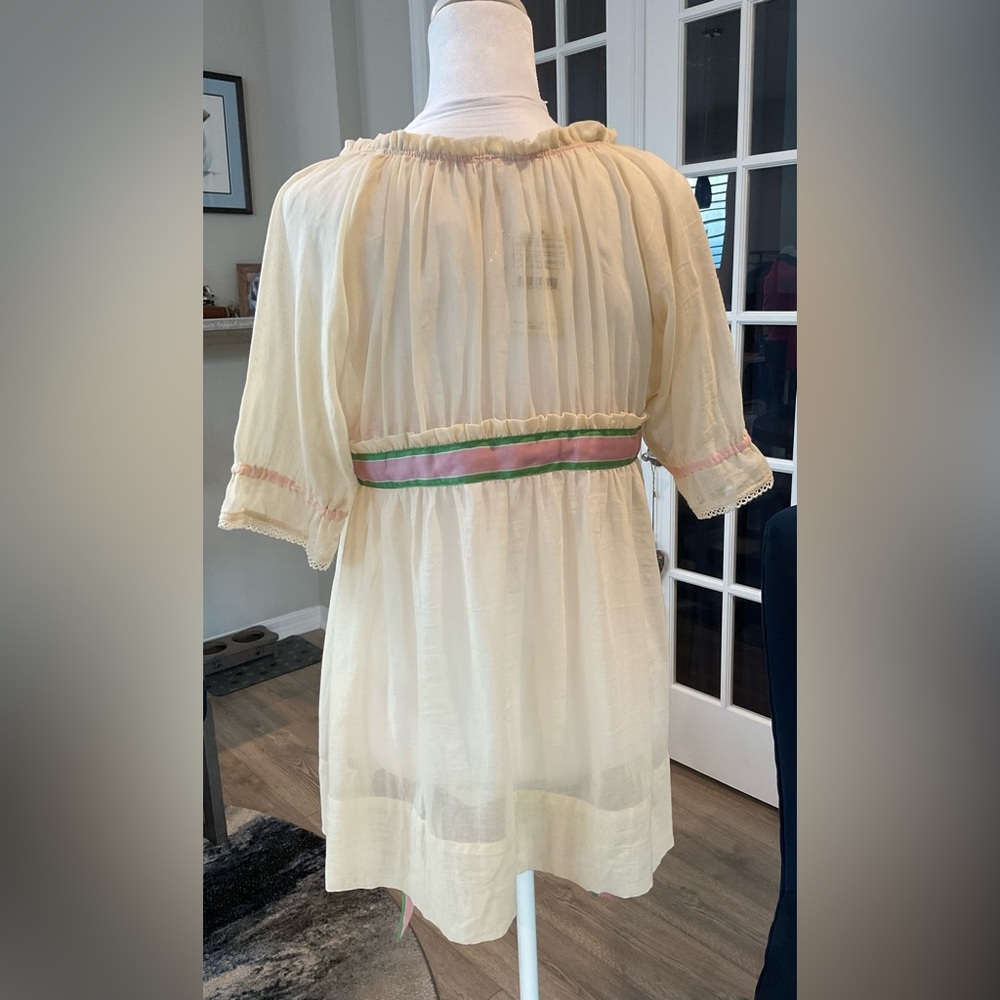 NWT Free People Cream Gauze Empire Waist Tunic Blouse – Pink & Green Ribbon - Picture 6 of 16